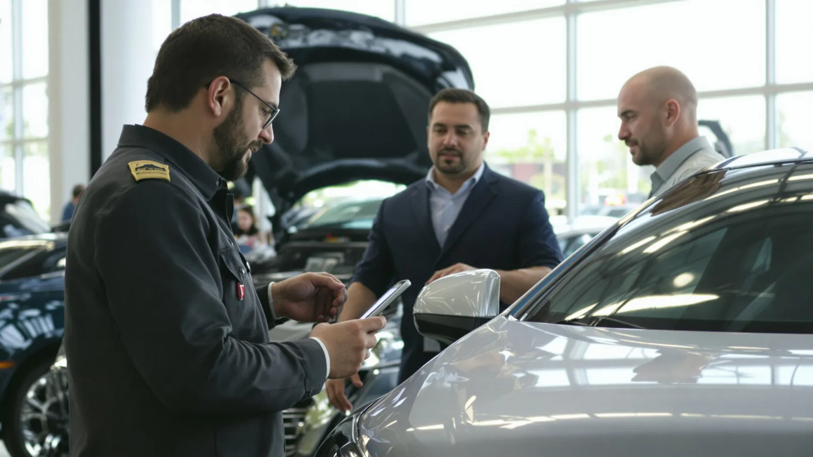Service advisor walking around a customer's car with a tablet