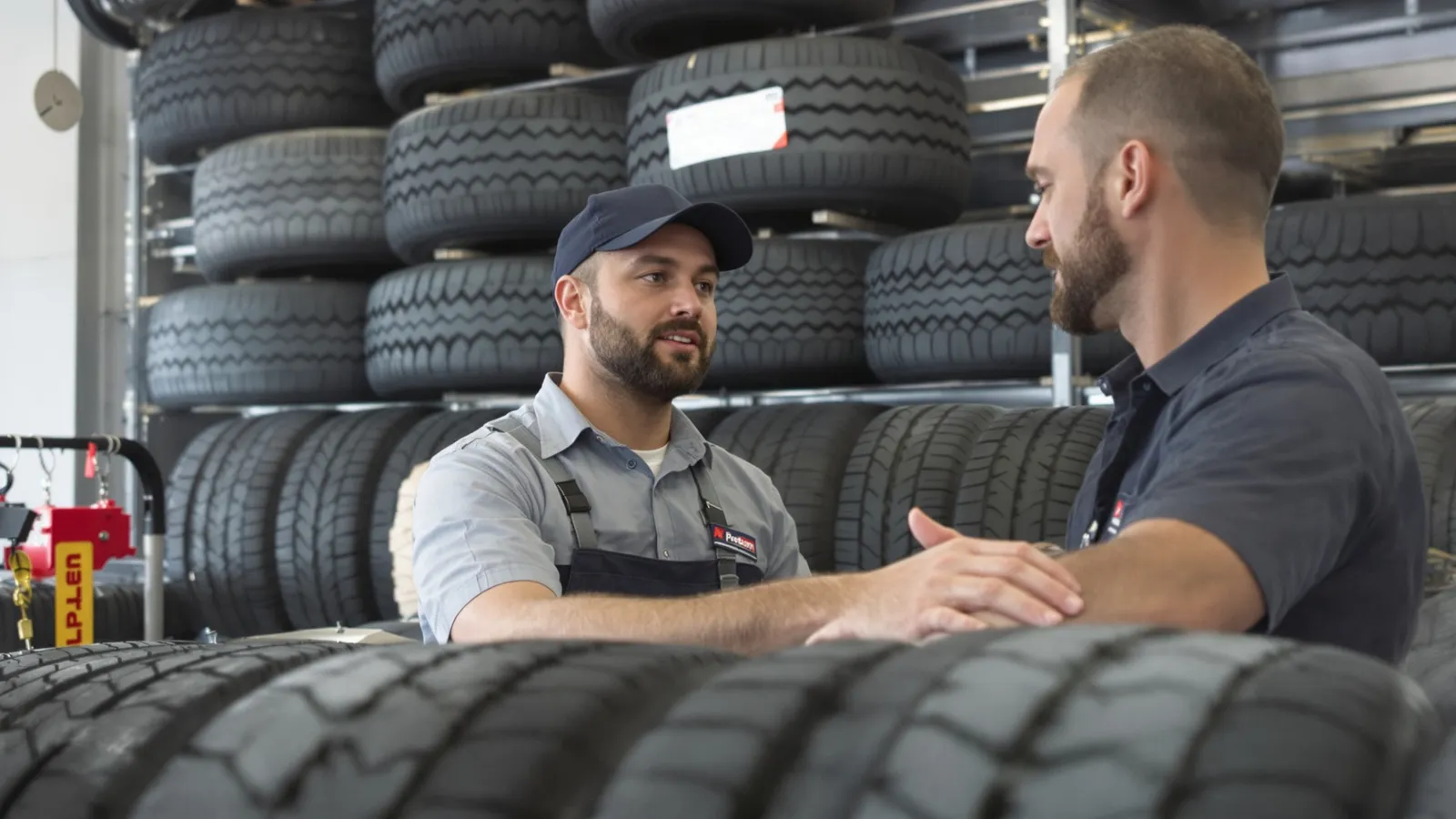 Customer choosing tires at the counter